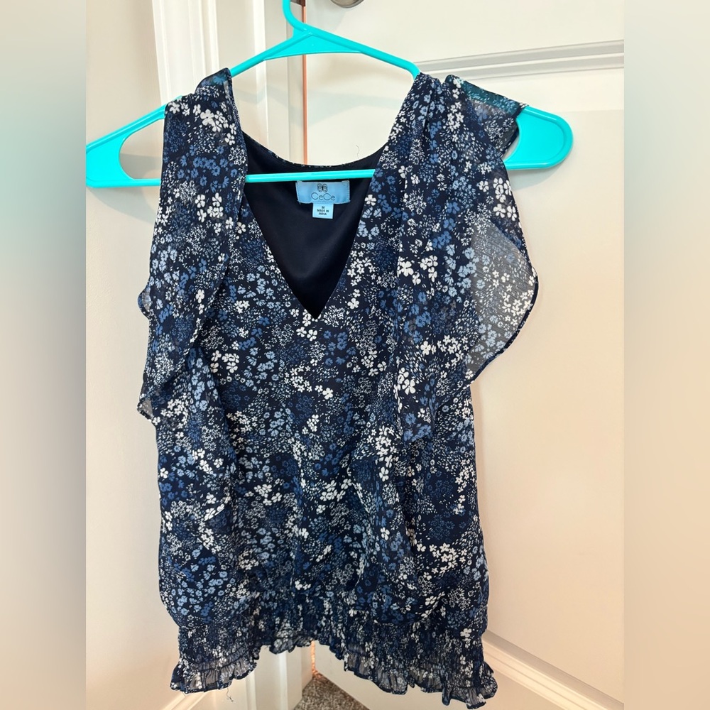 CeCe Navy and White Floral Blouse